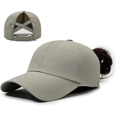 Nieuwe Zomer Dames Kruisband Kruis Paardenstaart Baseballpet, Lichtgewicht Sneldrogende Ademende Zon Hoed (GRAY,56-60cm)