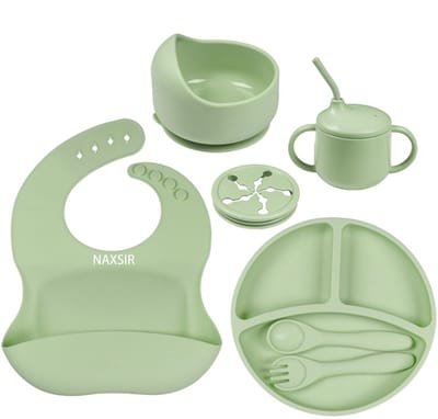 NAXSIR Kinderservies set Siliconen - Baby Servies Set - 7-Delig - Kommen met Zuignappen - Verstelbare Slabbetjes