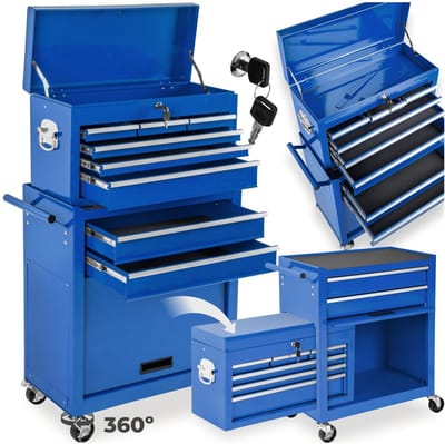 tectake® Werkplaatswagen met Kofferopzet - Afsluitbare Gereedschapswagen met 8 Laden en 2 Vakken - Mobiele Werkbank Zonder Gereedschap - Stalen Gereedschapskast met Wielen en Rem - Blauw