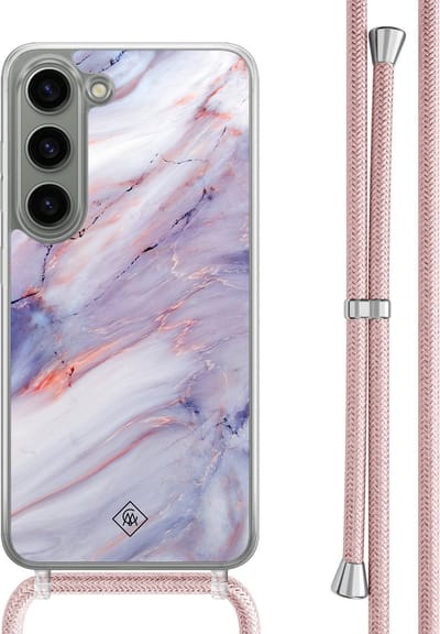 Casimoda® hoesje met rosegoud koord - Geschikt voor Samsung S23 - Marmer Paars - Afneembaar koord - TPU/polycarbonaat - Paars