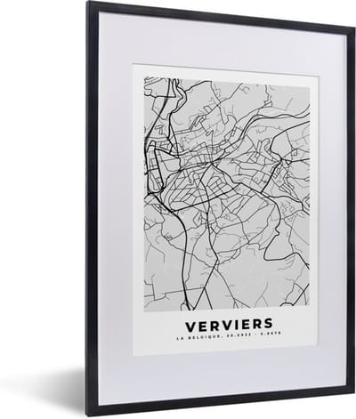 Fotolijst incl. Poster Zwart Wit- België – Verviers – Stadskaart – Kaart – Zwart Wit – Plattegrond - 30x40 cm - Posterlijst