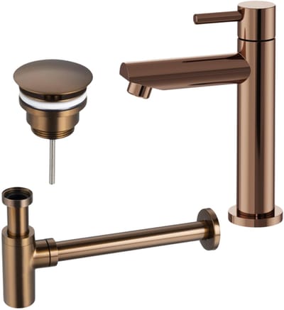 FugaFlow Eccelente Acces fonteinkraanset met staande fonteinkraan laag, always open plug en design sifon PVD Geborsteld koper PVD (Koper)