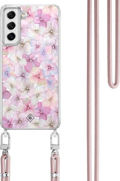 Casimoda® hoesje met koord - Geschikt voor Samsung S21 FE - Hortensia - Afneembaar koord - TPU/polycarbonaat - Paars