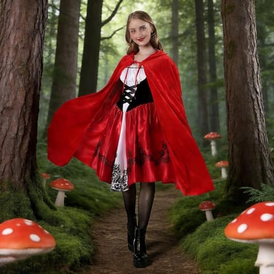Vrouwelijk Roodkapje Kostuum met Cape en Zwarte Kousen voor Carnaval, Halloween en Feestelijke Gelegenheden