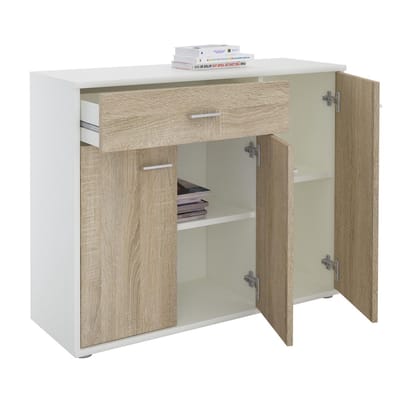 Sideboard ESTELLE met 3 deuren en 1 lade - Wit/Sonoma-eiken