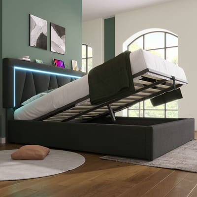 VVBV Gestoffeerd Bed 140x200 cm met LED-Verlichting, USB - Lattenbodem, Voor Kinderen/Tieners - Linnen - Zonder Matras