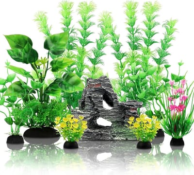 Natuurlijke uitstraling met groene kunstplanten voor aquariumdecoratie, inclusief rots en polyresin grotornament, set van 9 stuks