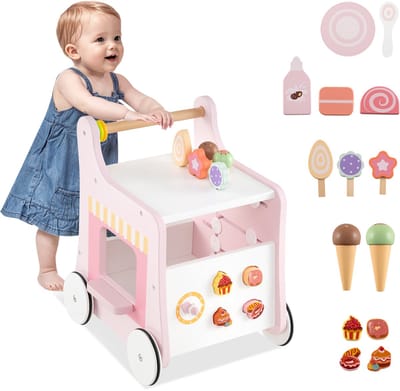 COSTWAY Houten loophulp met opbergruimte, dessertwinkel op wielen met ijs, schuivers, labyrint, bord en lepel, Montessori-activiteitencentrum voor kinderen vanaf 1 jaar (roze)