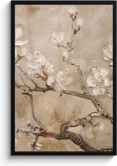 Poster in lijst - Fotolijst 60x90 cm - Posters - Bloemen - Modern - Beige - Wit - Bloesem - Posterlijst zwart - Decoratie - Wanddecoratie woonkamer - Muurdecoratie slaapkamer