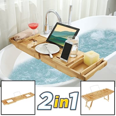 2-in-1 Verstelbaar Bamboe Badrekje - Bed ontbijt dienblad - Uitschuifbaar 75 tot 110,5 cm lang - Badplank - Bed tafel