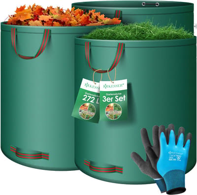 KESSER® Tuinafvalzak Tuinzak Set Bladzak incl. Handschoenen - Zelf Staand 4 Handvatten Stabiel Robuust & Opvouwbaar - Bladzakken Maaisel Tuinzakken voor Tuinafval Groenafval - 3x 272 Liter, Groen