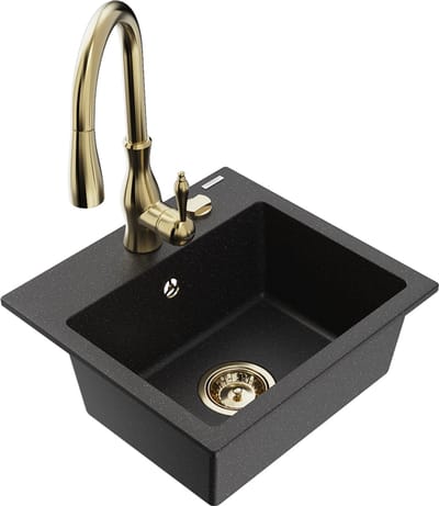 Mexen Milo granieten gootsteen 1-kamer met keukenmengkraan Savita, zwart/zilver metallic- 6505-73-672601-50