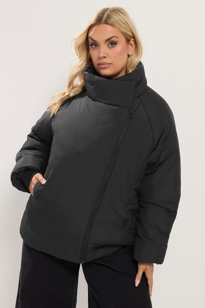 Yours Zwarte Gewatteerde Jas Met Asymmetrische Rits Size 42