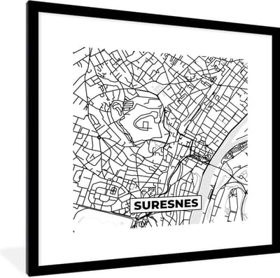 Fotolijst incl. Poster Zwart Wit- Frankrijk – Plattegrond – Stadskaart – Suresnes - Kaart - Zwart wit - 40x40 cm - Posterlijst