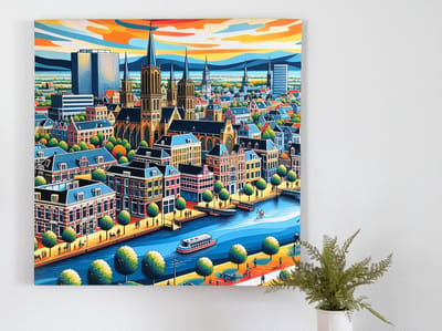Acryl groningen schilderij | Groninger grachtenpracht: een levendig spektakel van acrylverf en passie | Kunst - 30x30 centimeter op Dibond | Foto op Dibond
