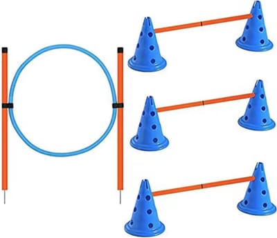 Set van pionnen en stokken voor hindernissen plus spingring - Trainingshoedjes voor honden - 12 delig - Agility voor hond