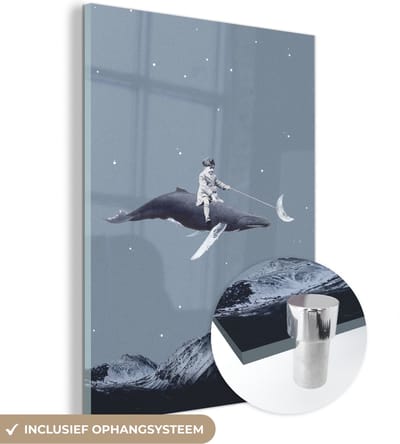 MuchoWow® Glasschilderij 30x40 cm - Schilderij acrylglas - Ruimte - Jongen - Maan - Walvis - Foto op glas - Schilderijen