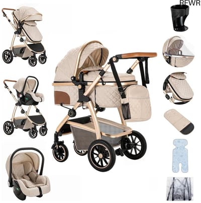 RFWR® 3-in-1 Kinderwagen met Autostoel, Compact en Draagbaar, Verstelbare Armleuningen, Schokbescherming, Aluminium Frame
