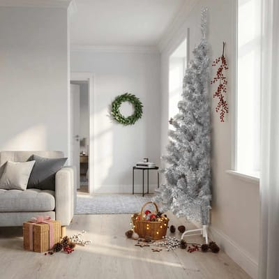 vidaXL Kunstkerstboom half met standaard 240 cm PET zilverkleurig