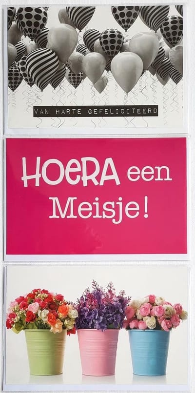 3 Wenskaarten - Hoera een Meisje + Bloemen + Van Harte Gefeliciteerd - 12 x 17 cm – GEB-304