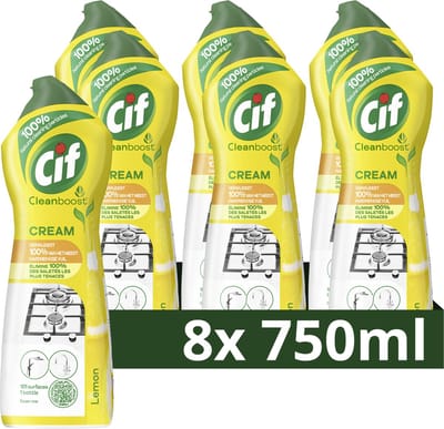 Cif - Cleanboost Schuurmiddel - Cream Citroen - 100% natuurlijke bestanddelen, 1 product voor 101 oppervlakken - 8 flessen x 750 ml