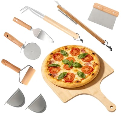 Dailygoods- Pizza-Ovenaccessoireset 8-delig - Professionele Pizzatools - Pizzaschel/Pizzasnijder - Ovenborstel - Deegroller - Schraper - Geschikt voor thuis en buiten. - Pizzaset