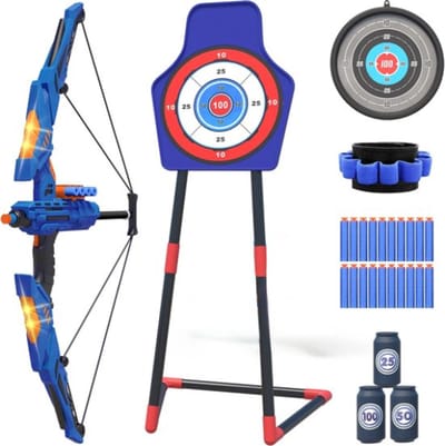 Pijl en Boog Set met Licht voor Kinderen - Blauw - Boogschieten Met Hangend en Staand Target Schietschijf - Veilig - Interactief - Hand Oog Coördinatie - Boogschutter Sport Set