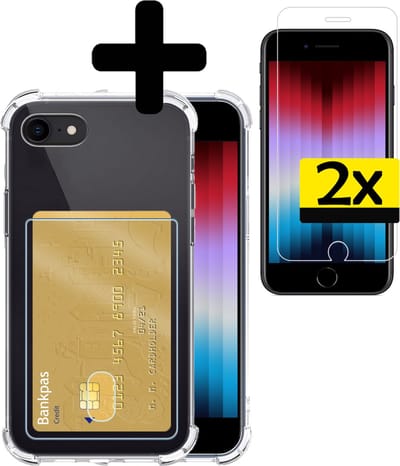 Hoesje - Geschikt voor Apple iPhone SE (2022) - Met 2x Screenprotector - Pashouder - Kaarthouder - Telefoon Hoes Shockproof - Siliconen Case - Back Cover - Shock Proof - Pasjes Houder - Telefoonhoesjes - Transparant