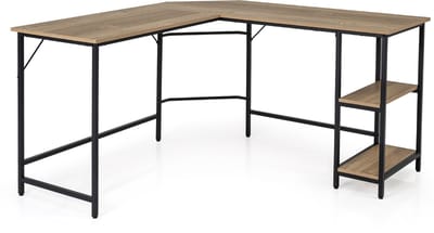 COSTWAY L-vormig bureau, thuiskantoor bureau met 2 legplanken, computertafel met metalen frame en voetensteun, hoekbureau voor kantoor, slaapkamer, studeerkamer (natuur)