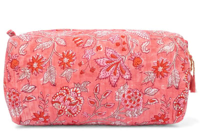 Bambooya make-up tas - Bohemian - Ibiza Style - Made in India - Tassel - roze/oranje met bloemen - Small ( 17 x 12 x 7 cm )
