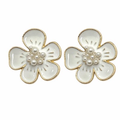 Clip Oorbellen-Bloem- Goudkleurig- wit- 3 cm- geen gaatje- Charme Bijoux