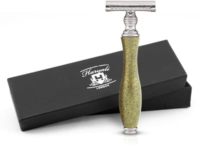 Haryali London Double Edge Safety Razor voor mannen en vrouwen - Metallic Double Edge Razor - Reliëfontwerp - Herbruikbaar scheermes - Goud - Past op alle DE-mesjes