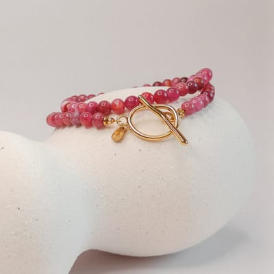 Ava & Imber | Laeta Ketting Roze Toermalijn | Felroze Kralenketting 6mm Kralen | Edelstenen Ketting met 18k PVD Gecoat Stainless Steel Sluiting