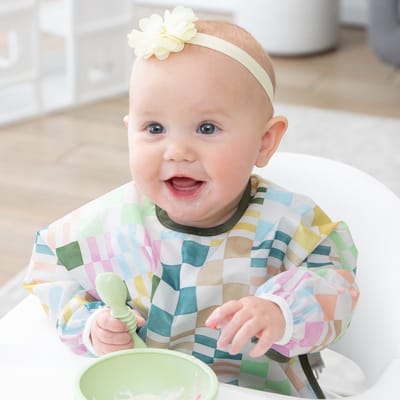 Bumkins Sleeved Bib - Waterdichte Mouwslab met Opvangbakje - Slab met Lange Mouwen - Knoeislab en Slabbetje voor Baby en Peuter - Kliederschort - Machinewasbaar - Baby Led Weaning BLW - Motley Check - Geruit - Meerkleurig - 6-24 maanden