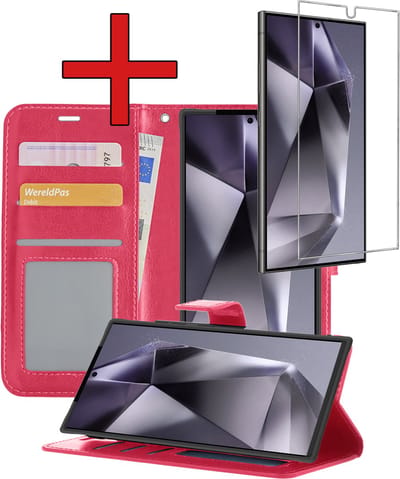 Hoesje - Met Screenprotector - Geschikt voor Samsung Galaxy S24 Ultra - Luxe Pasjeshouder - Flipcase - Bookcase Portemonee - Flip Case - Kunstleer Book Case - Book Cover - Walletcase - Portemonneehoes - Telefoonhoes - Donkerroze