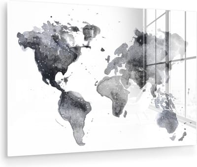 ® Glasschilderij 150x100 cm - Schilderij acrylglas - Wereldkaart - Abstract - Grijs - Waterverf - Foto op glas - Muurdecoratie woonkamer - Wanddecoratie slaapkamer - Schilderijen