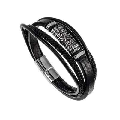 Armband Heren - Zilverkleurig RVS - Zwarte Leer Armband - Multilayer Armband 5-in-1 met Gedetailleerde-Plaat - Binnenmaat 19cm