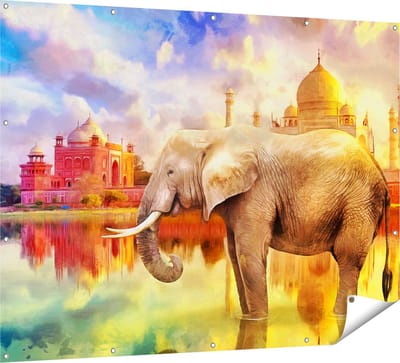 Gards Tuinposter Getekende Olifant bij Taj Mahal - Abstract - 160x120 cm - Tuindoek - Tuindecoratie - Wanddecoratie buiten - Tuinschilderij