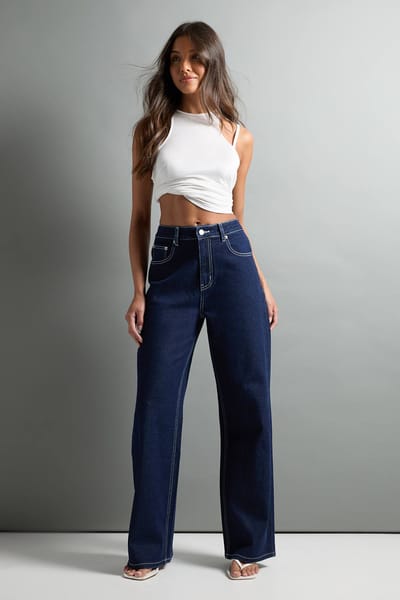boohoo Dames De high waist jeans met rechte pijpen | Indigo | Maat: 10/30L
