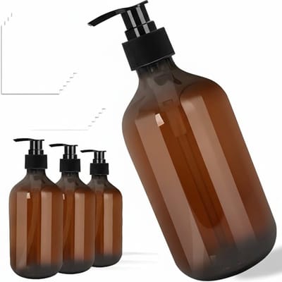Famanu – Zeepdispenser flessen set van 4 – 500 ml – kunststof pompdispensers – met waterdichte etiketten – bruin – badkamer/keuken/hotel