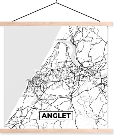 Posterhanger incl. Poster 40x40 cm - Schoolplaat - Anglet - Kaart – Stadskaart – Frankrijk – Plattegrond - Zwart wit - Textielposter - Blanke latten - Stadskaart