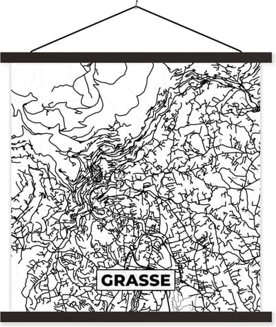Posterhanger incl. Poster 60x60 cm - Schoolplaat - Grasse - Plattegrond - Kaart - Frankrijk - Stadskaart - Zwart wit - Textielposter - Zwarte latten - Stadskaart
