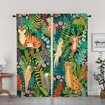 2 stuks Cartoon Dier Vos Leeuw Giraffe Jungle Print Gordijn Voor Slaapkamer Kantoor Keuken Jaloezieën Woonkamer Vloervenster Huisdecoratie 100W160H(CM)40x63in&Grommet Top