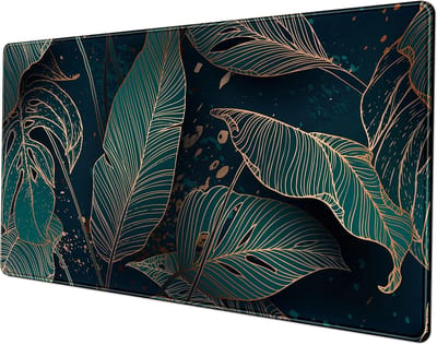 Grote Bureaumat met Groen en Goud Palmblad Design - Verlengde Gaming Muismat met Antislip Onderkant