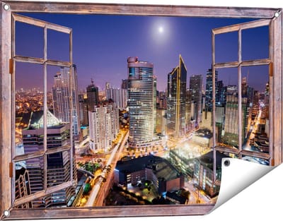 Gards Tuinposter Doorkijk Makati Stad Skyline in de Nacht in Thailand - 90x60 cm - Tuindoek - Tuindecoratie - Wanddecoratie buiten - Tuinschilderij