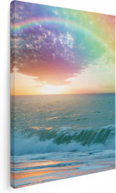 Artaza Canvas Schilderij Zeezicht - 30x40 cm - Klein - Muurdecoratie Strand - Wanddecoratie Golven - Kamer Accessoires Regenboog