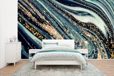 Behang - Fotobehang Marmer - Goud - Blauw - Glitter - Marmerlook - Abstract - Breedte 400 cm x hoogte 240 cm