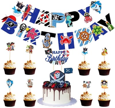 Allecto - Pirate Party Decoration Set - Verjaardagsfeest Piraten Thema - Inclusief Banner en Cupcake Toppers - Blauw - Feestdecoraties - Geschikt v..