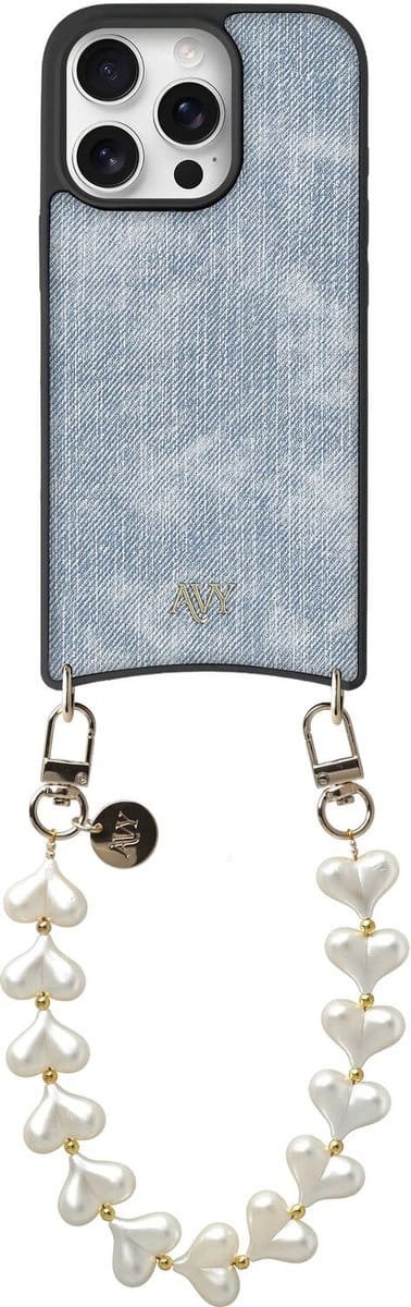 AVY Hoesje Geschikt voor Apple iPhone 16 Pro | Compatibel met MagSafe | Kunstleren Case met Telefoonkoord | Polsband | Denim | Cupid Pearl