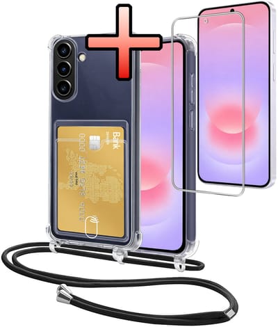 Hoes Geschikt voor Samsung Galaxy A37 Hoesje Pasjeshouder Cover Met Koord Shock Proof Case Siliconen Hoes Met Telefoonkoord en Kaarthouder Met Screenprotector - Transparant